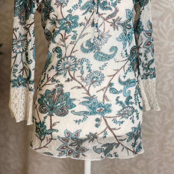 Talia Kume Green & White Paisley Mesh Sheer Henley Top Whimsygoth Grunge Size 8 - Picture 4 of 8